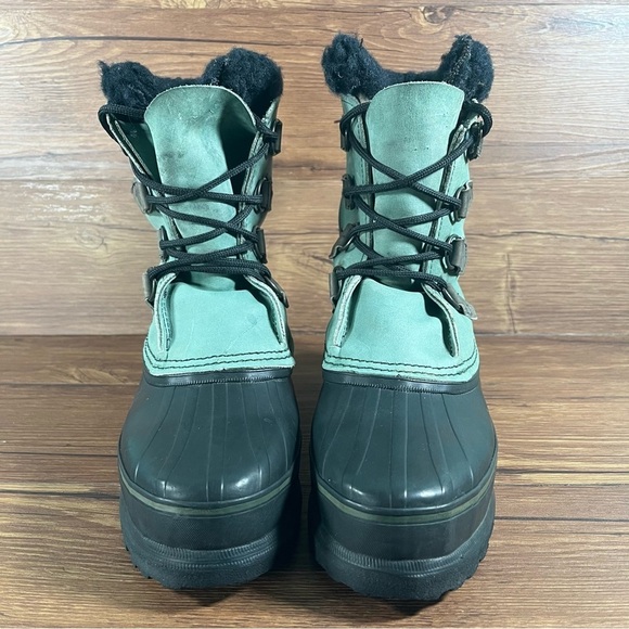 SOREL Caribou Green Leather Snow Boots Winter Shoes Women’s Size 9 Lace Up - Picture 4 of 10